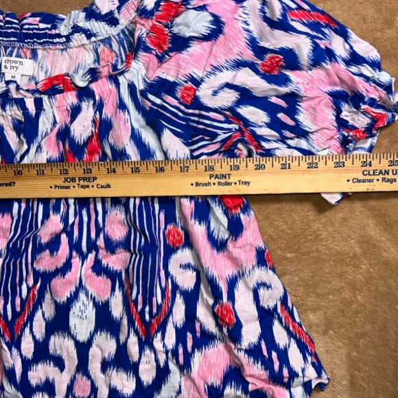 Crown & Ivy Women Medium Blue Pink Ikat 3/4 Sleeve Off the‎ Shoulder Blouse (R) - Picture 3 of 5